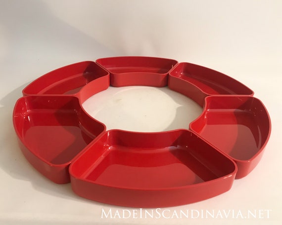 Stelton Set of Red Bowls for the Fondue Pot  with Lazy Susan