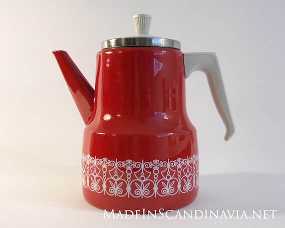 Vintage coffee pot in red & white enamel