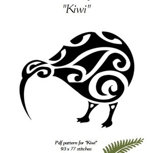 May include: Black and white cross stitch pattern of a kiwi bird. The pattern is 93 stitches wide by 77 stitches tall and measures 17 cm by 14 cm. The pattern is designed for 14 count Aida fabric.