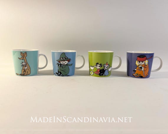 Moomin mugs | Set of four mugs with five characters : Muddler, Sniff, Snufkin and Thingumy and Bob | Collector’s items | Arabia Finland Rare