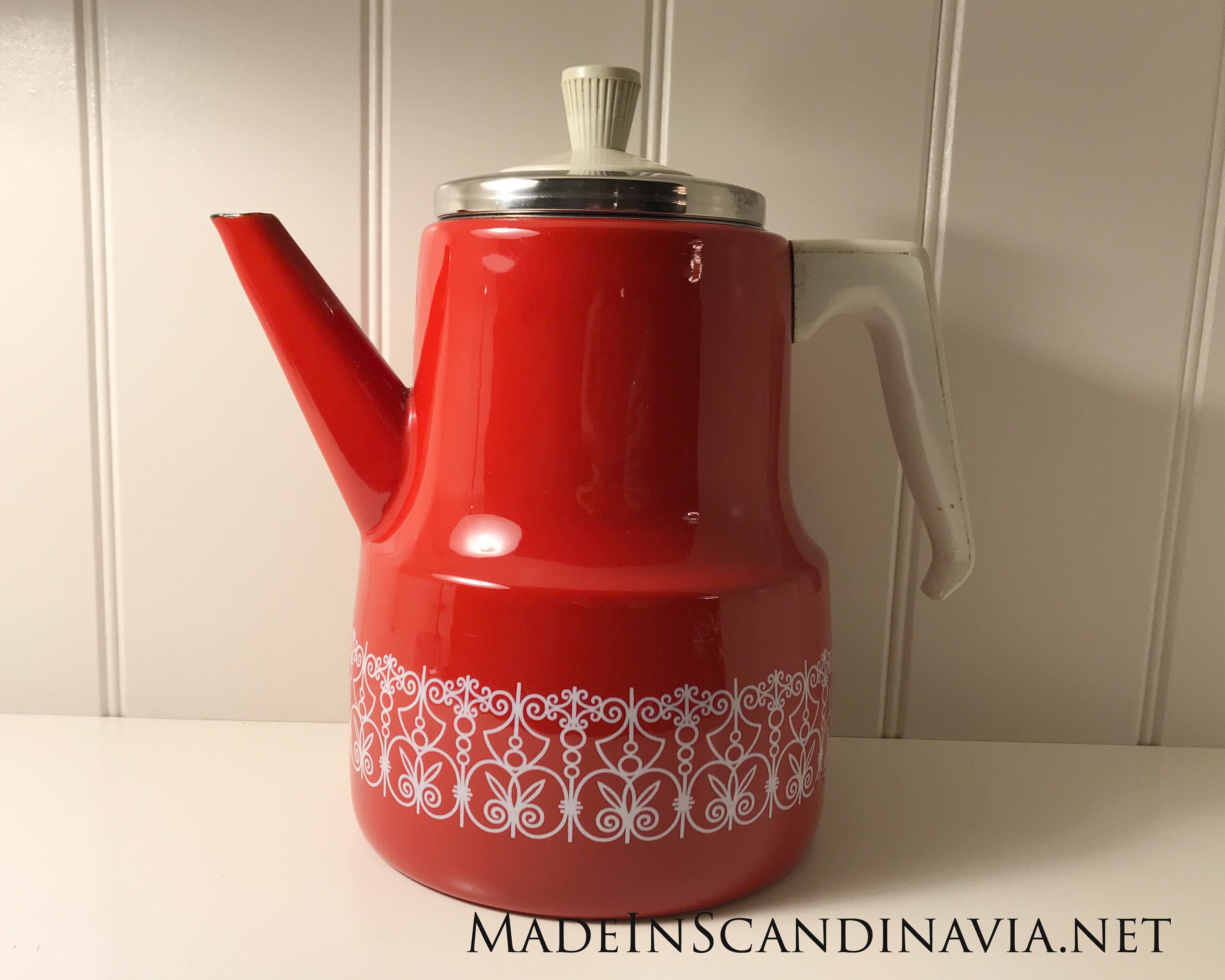 Vintage coffee pot in red & white enamel