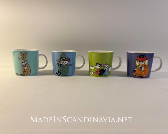 Moomin mugs | Set of four mugs with five characters : Muddler, Sniff, Snufkin and Thingumy and Bob | Collector’s items | Arabia Finland Rare
