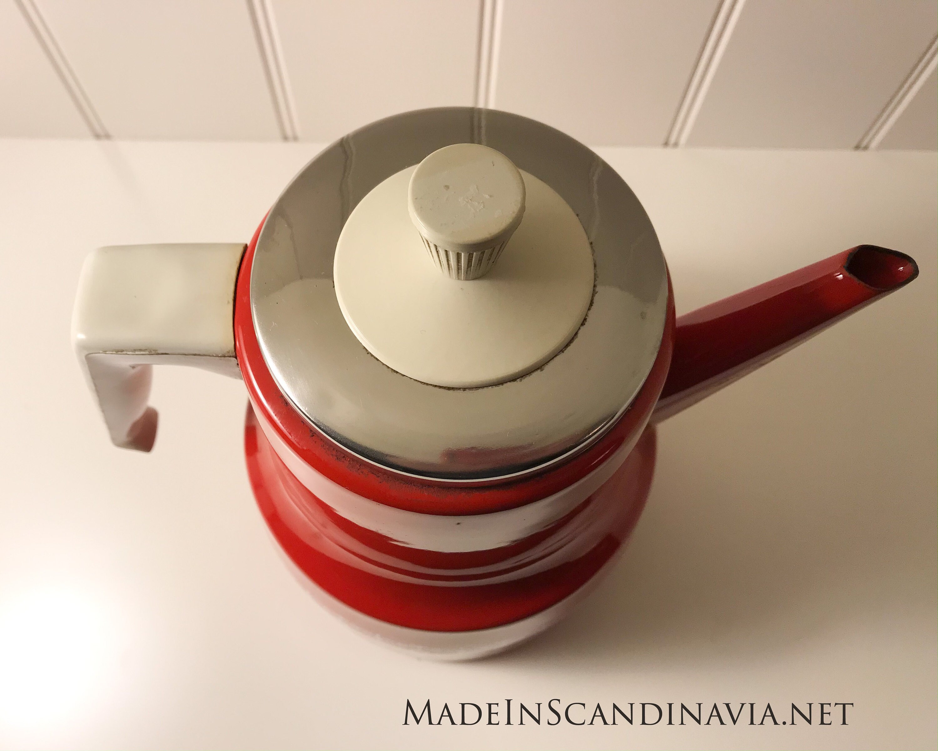 Vintage coffee pot in red & white enamel