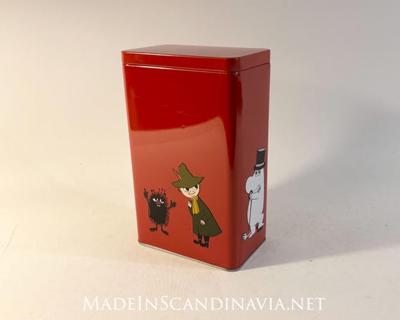 Moomin Coffee Tin, Martinex Finland, Red, Snufkin, Stinky & Moominpappa