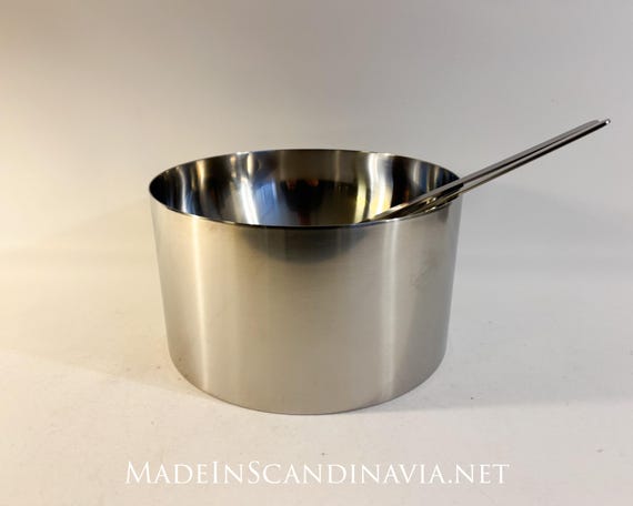 Stelton AJ Cylinda Line Salad Bowl and Salad Servers Designed by Arne Jacobsen Danish Design Minimalist Contemporary