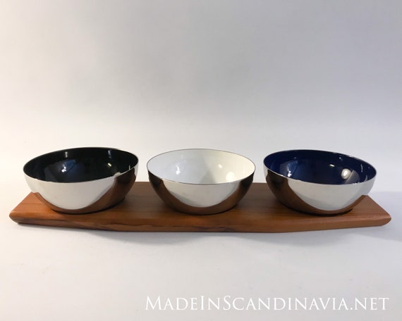Cathrineholm Cathedral Snack Tapas Set. 3 Bowls on Teak Wood Tray