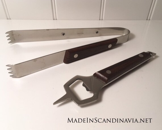 Retro set of Ice tongs and bottle opener - teak