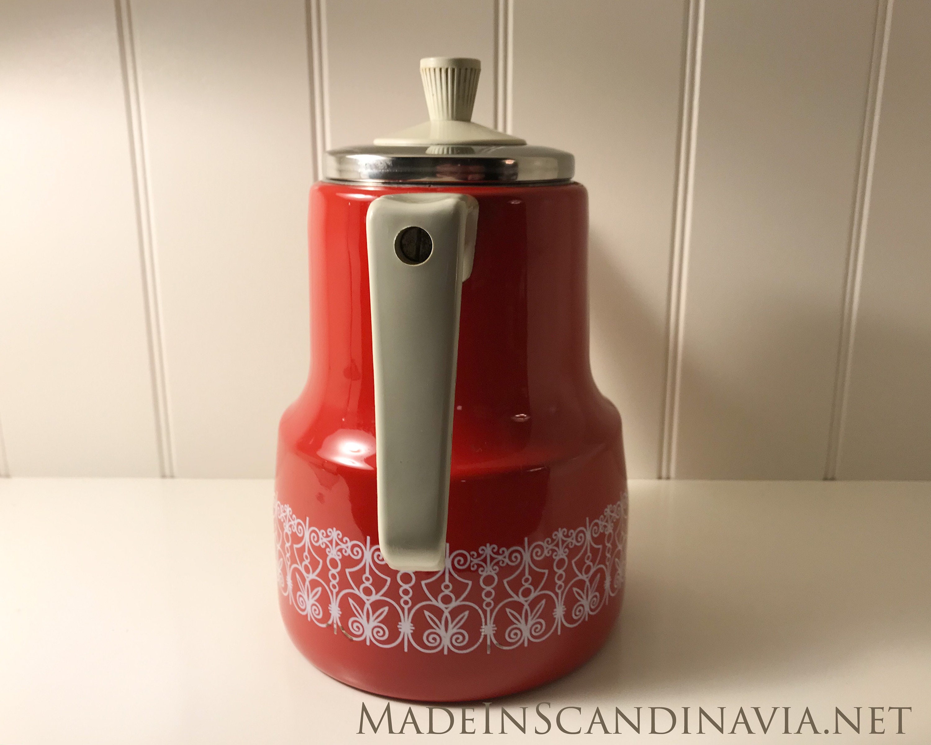 Vintage coffee pot in red & white enamel