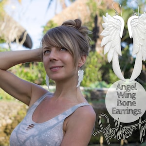 Angel Wing Earrings, Hand Carved Bone Earrings, Feather Earrings, Horn Earrings with Silver or Brass, Superwing Jewelry, Wedding Earrings