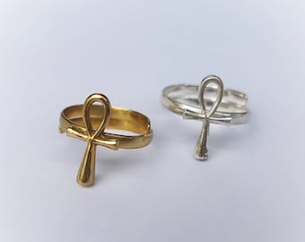 Egyptian Ring Ankh Key, Golden Brass or Silver Filled, Adjustable Size, Egyptian Jewelry, Symbolism Ring, Healing Ring