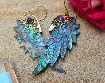 Pendientes de ala de ángel, pendientes de abulón con labradorita, pendientes boho drop, joyería de festival, pendientes de ala de pájaro, joyería de abulón