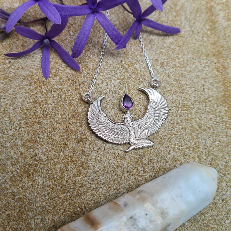 Silver Amethyst Isis Necklace, Egyptian Goddess Necklace, Isis Headpiece, Spiritual Jewelry, Isis Goddess Jewelry, Festival Jewelry image 3