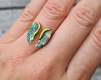 Angel Wings Ring, Mini Wing Ring, Abalone, Pink & Golden Pearl with Brass, Boho Jewelry by Feather Tribe