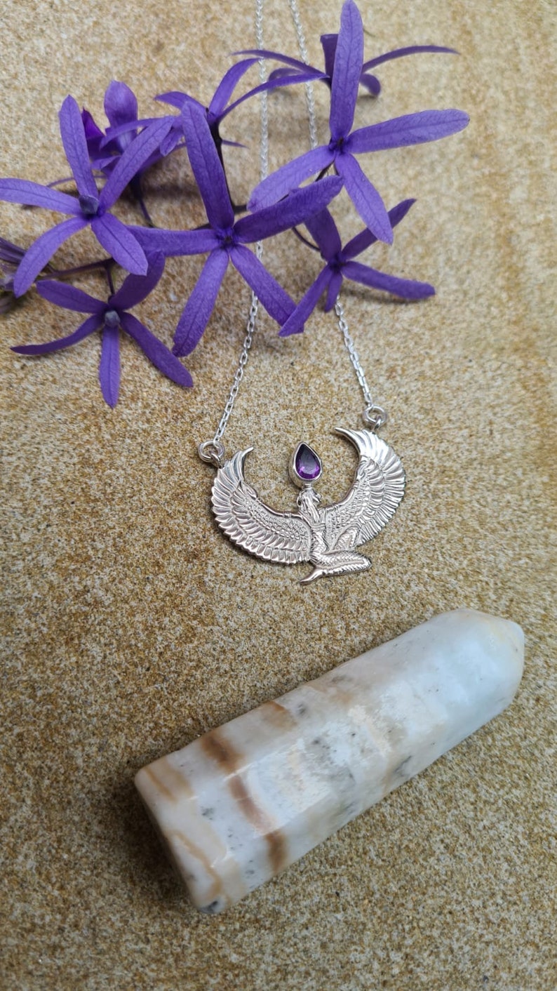 Silver Amethyst Isis Necklace, Egyptian Goddess Necklace, Isis Headpiece, Spiritual Jewelry, Isis Goddess Jewelry, Festival Jewelry image 2