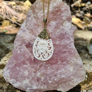 Goddess Necklace, Hand Carved Bone Pendant, Angel Necklace, Face Necklace,Green Forest Goddess, Boho Style, Hippie Necklace, Fantasy Jewelry