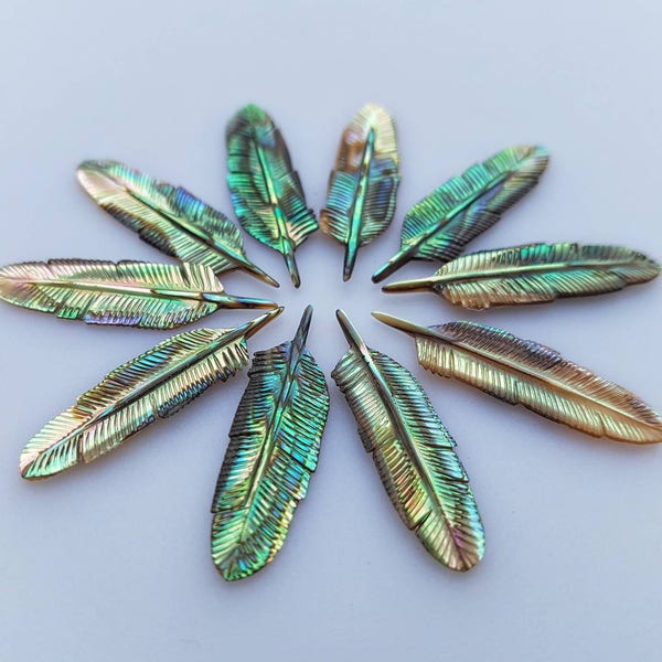 Abalone Feathers 10 pcs, Feather Necklace, Feather Jewelry, Hand Carved Abalone, Boho Jewelry, Paua Shell, Jewelry Making Pendant Supplies