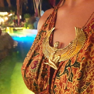 Large Brass Isis Necklace, Auset Maat Egyptian Goddess Necklace, Ancient Egyptian Artifact, Spiritual Jewelry By Feather Tribe image 3
