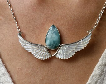 Angelica Pendant, Angel Wing Necklace, Larimar Pendant, Aventurine, Paua, Abalone, Hand Carved Shell Wings, Boho Jewelry, Priestess Jewelry