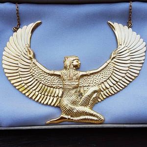 Isis Necklace, Egyptian Goddess Necklace, Winged Isis Jewelry, 24K Gold Dipped Pendant, Egyptian Mythology Jewelry, Statement Necklace image 1