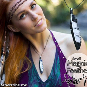 Small Magpie Feather Necklace, Bird Jewelry, Spirit Bird Pendant, Magpie Jewelry, Hand Carved Wood Pendant, Bird Feather Necklace