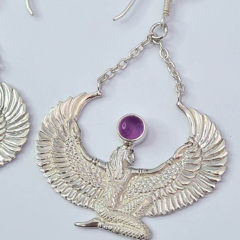 Amethyst and Silver Isis Goddess Earrings, Sterling Silver, Egyptian Jewelry, Auset Maat, Egyptian Goddess Artifact, Isis Priestess Earrings image 2