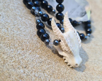 Dragon Skull Pendant, Hand Carved Naturally Shed Antler, Black Onyx Necklace, Labradorite, Hematite beads, Witchy, Fantasy Necklace