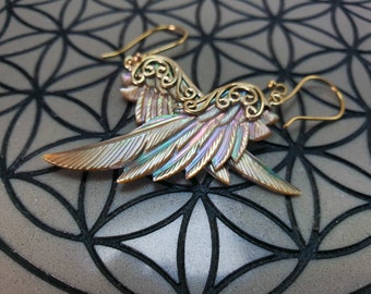 Mini Wing Earrings, Brass, Hand Carved Abalone, Pink or Golden Mother of Pearl Shell, Angel Wing Earrings, Feather Tribe, Mother's Day Gift