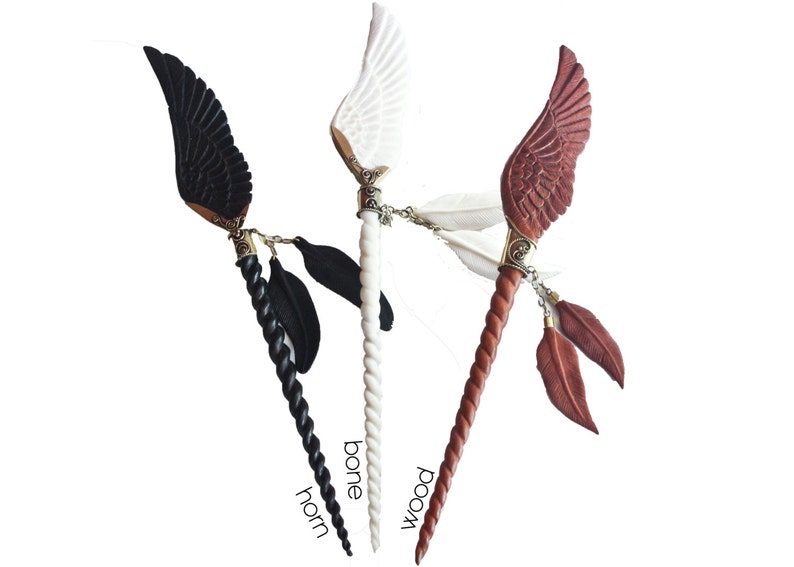 Feather Tribe Hand Carved Black Horn Hair Stick Unicorn Pegasus Hair Stick Brass Filigree Finish with Feathers Angel Wing Hair Stick