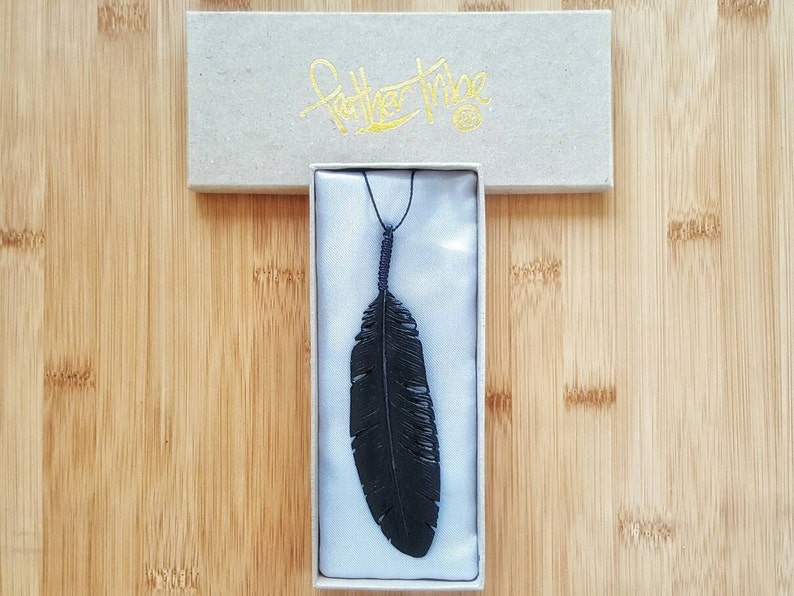 Raven Feather Necklace, Crow Necklace, Carved Wood Necklace, Black Feather Necklace, Boho Jewelry, Men Feather Pendant, Men Jewelry Amulet image 5