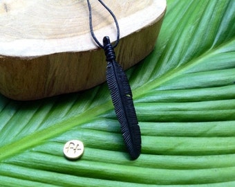 Feather Necklace, Hand Carved Buffalo Horn, Raven Feather Necklace, Boho Jewelry, Black Feather Pendant, Crow Feather Necklace, Minimalist