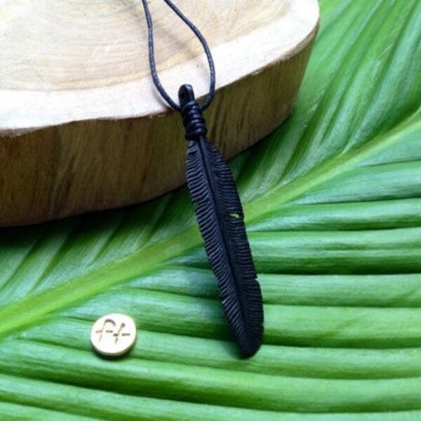 Feather Necklace, Hand Carved Buffalo Horn, Raven Feather Necklace, Boho Jewelry, Black Feather Pendant, Crow Feather Necklace, Minimalist