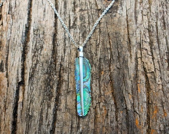 Abalone Shell Feather Pendant, Boho Feather Necklace, Paua Shell Necklace, Festival Jewelry