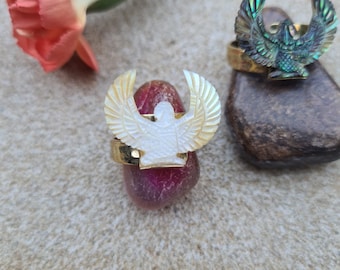 Shell Isis Wings Ring, Mini Wing Ring, Abalone, Pink & Golden Pearl with Brass, Boho Jewelry by Feather Tribe