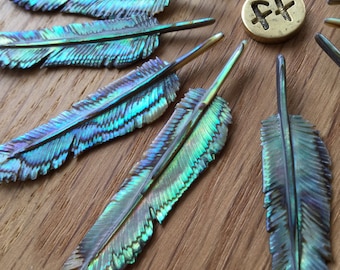 Abalone Feather Necklace, Feather Pendant, Hand Carved Paua Shell, Abalone Jewelry, Rainbow Feather Necklace, Boho Jewelry Gift