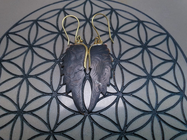 May include: A pair of dangle earrings with a gold hook and a dark brown, wood-like, leaf-shaped pendant.