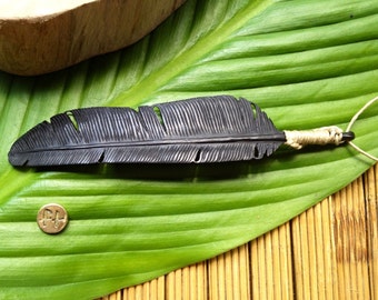 Men Feather Pendant, Black Feather Necklace, Hand Carved Horn Pendant, Boho Jewelry, Feather Tribe, Festival Pendant, Gift for Him