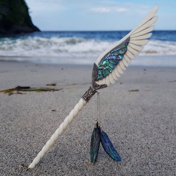 Angels Wing Unicorn Pegasus Hair Stick, Hand Carved Bone With Inlaid Abalone and Sterling Silver Filigree, Wing Hair Pin , Elegant Hair