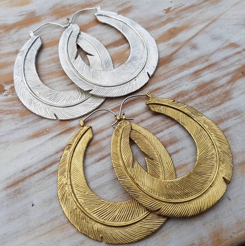 Feather Earrings Golden Brass or Silver Filled Feather Tribe
