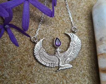 Silver Amethyst Isis Necklace, Egyptian Goddess Necklace, Isis Headpiece, Spiritual Jewelry, Isis Goddess Jewelry, Festival Jewelry