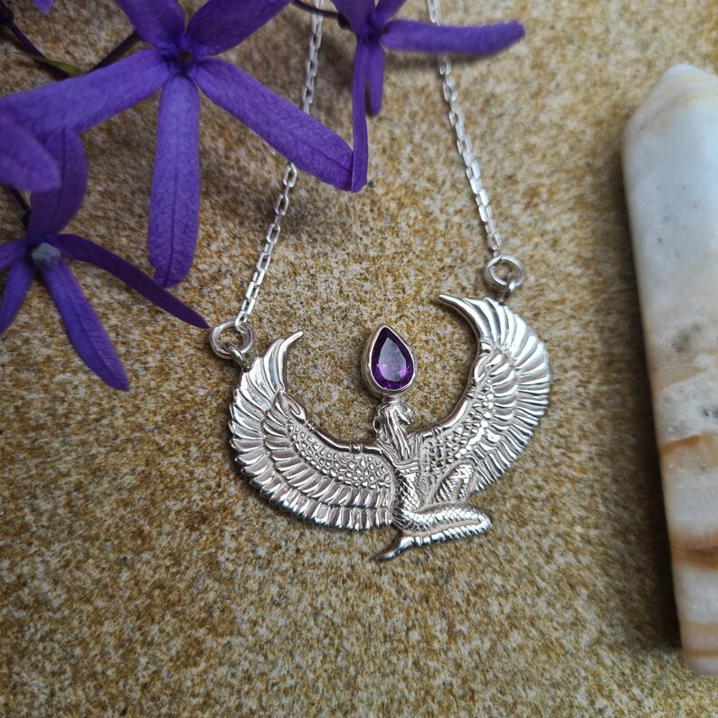 Silver Amethyst Isis Necklace, Egyptian Goddess Necklace, Isis Headpiece, Spiritual Jewelry, Isis Goddess Jewelry, Festival Jewelry image 1