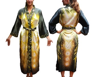 Robe esprit ailes d'ange enchantées - chakras noir et or - géométrie sacrée - fleur de vie - style kimono - satin - manches longues