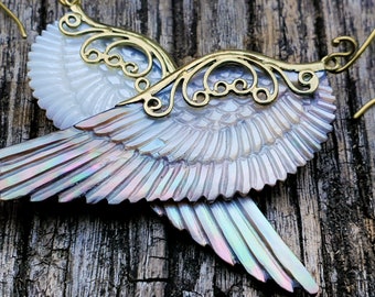 Valkyrie Wing Earrings, Hand-Carved Abalone, Golden Pearl Shell, Pink Pearl Shell, Bone, Horn, Angel Wings Earrings, Boho Jewelry