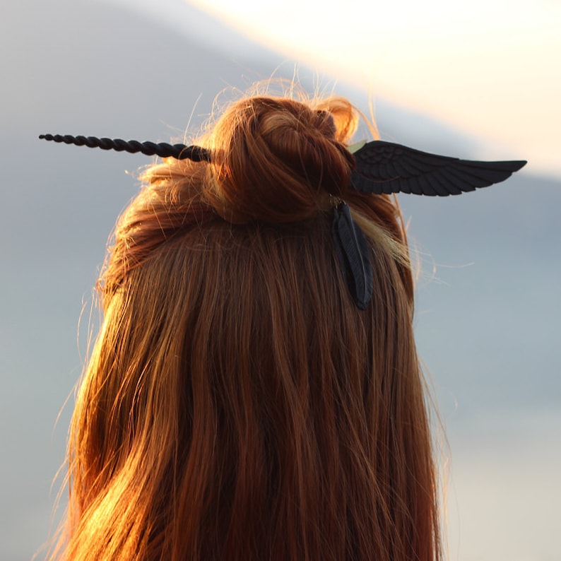 Feather Tribe Hand Carved Black Horn Hair Stick Unicorn Pegasus Hair Stick Brass Filigree Finish with Feathers Angel Wing Hair Stick
