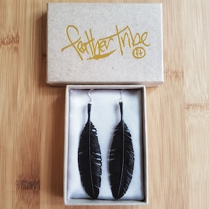 Raven Feather Earrings, Crow Earrings, Ethnic Jewelry, Black Feather Earrings, Hand Carved Wood Earrings, Witchy Jewelry image 1