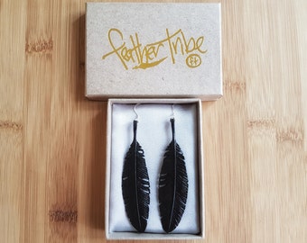 Raven Feather Earrings, Crow Earrings, Ethnic Jewelry, Black Feather Earrings, Hand Carved Wood Earrings, Witchy Jewelry