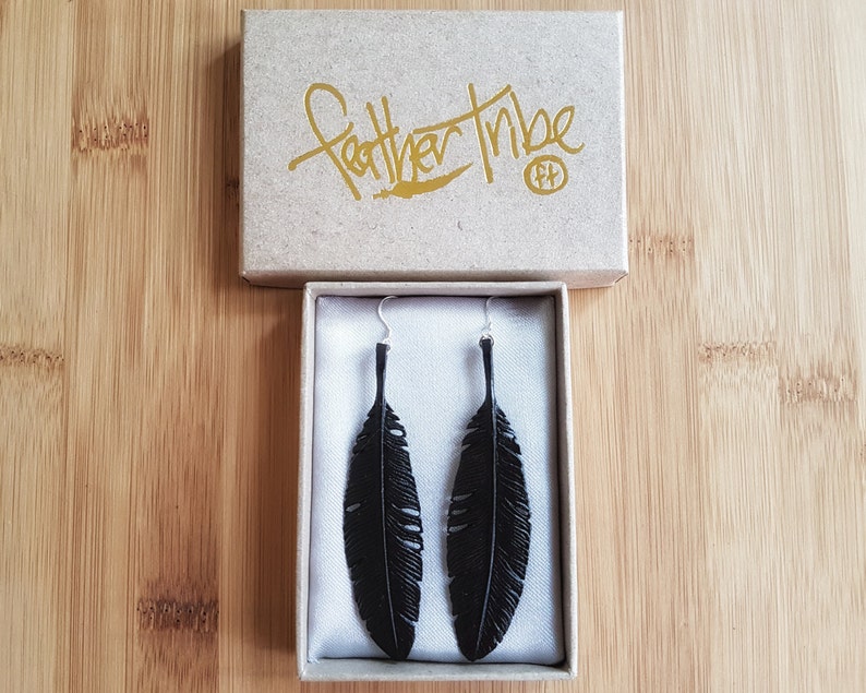 Raven Feather Earrings, Crow Earrings, Ethnic Jewelry, Black Feather Earrings, Hand Carved Wood Earrings, Witchy Jewelry image 1