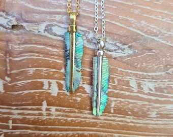 Mini Abalone Feather Necklace, Paua Shell Feather Pendant, Boho Jewelry, Festival Pendant, Flight Feather Necklace, Spiritual Pendant