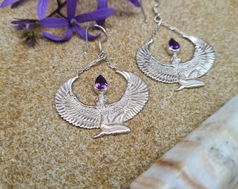 Amethyst and Silver Isis Goddess Earrings, Egyptian Jewelry, Auset Maat Earrings, Egyptian Goddess Artifact, Isis Priestess Earrings