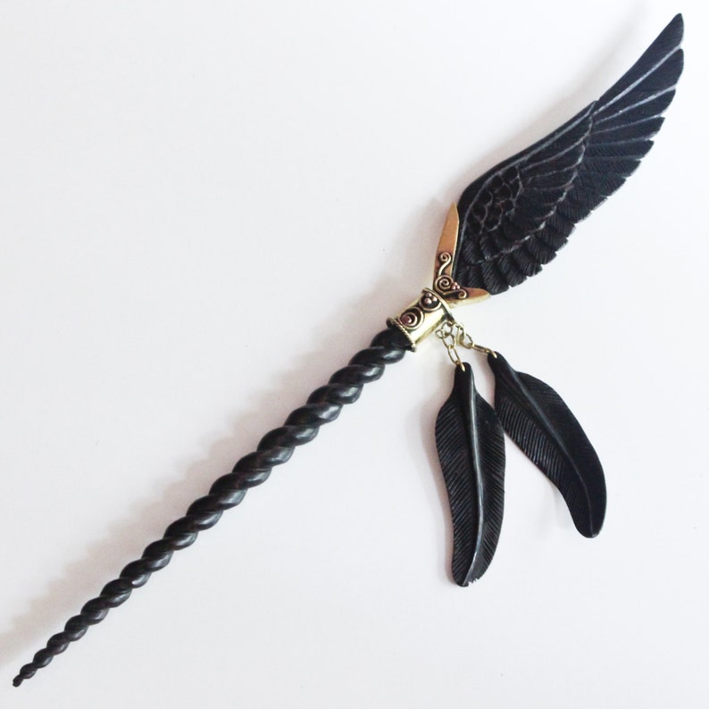 Feather Tribe Hand Carved Black Horn Hair Stick Unicorn Pegasus Hair Stick Brass Filigree Finish with Feathers Angel Wing Hair Stick
