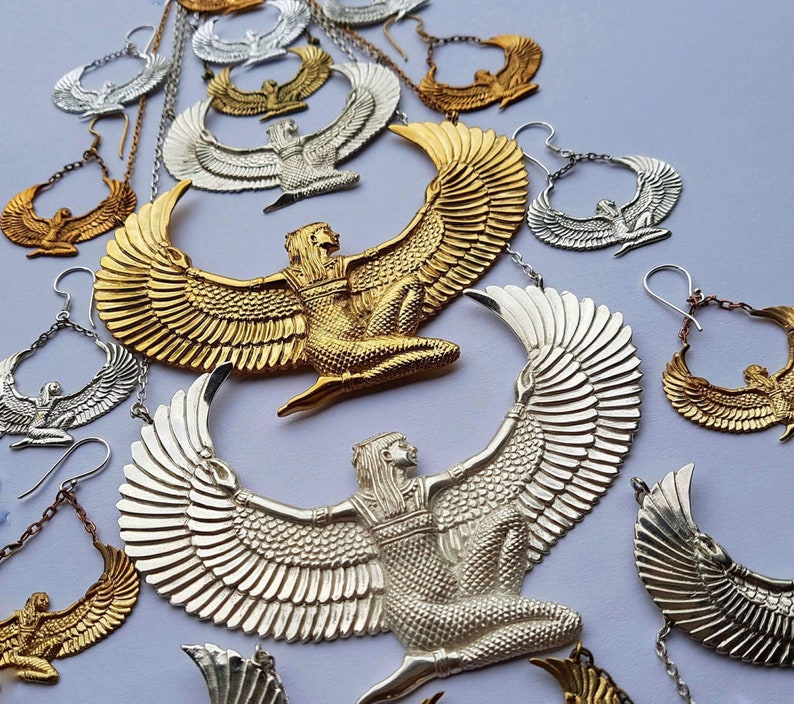 Isis Necklace, Egyptian Goddess Necklace, Winged Isis Jewelry, 24K Gold Dipped Pendant, Egyptian Mythology Jewelry, Statement Necklace image 5